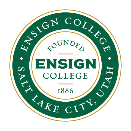 The official circular seal of Ensign College in Salt Lake City, Utah, featuring green and gold borders and text.