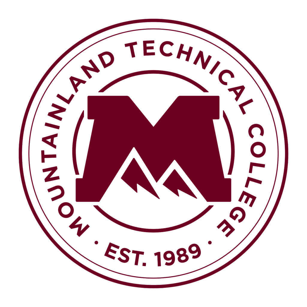 The circular seal of Mountainland Technical College features a large stylized letter M and the text 'EST. 1989'.