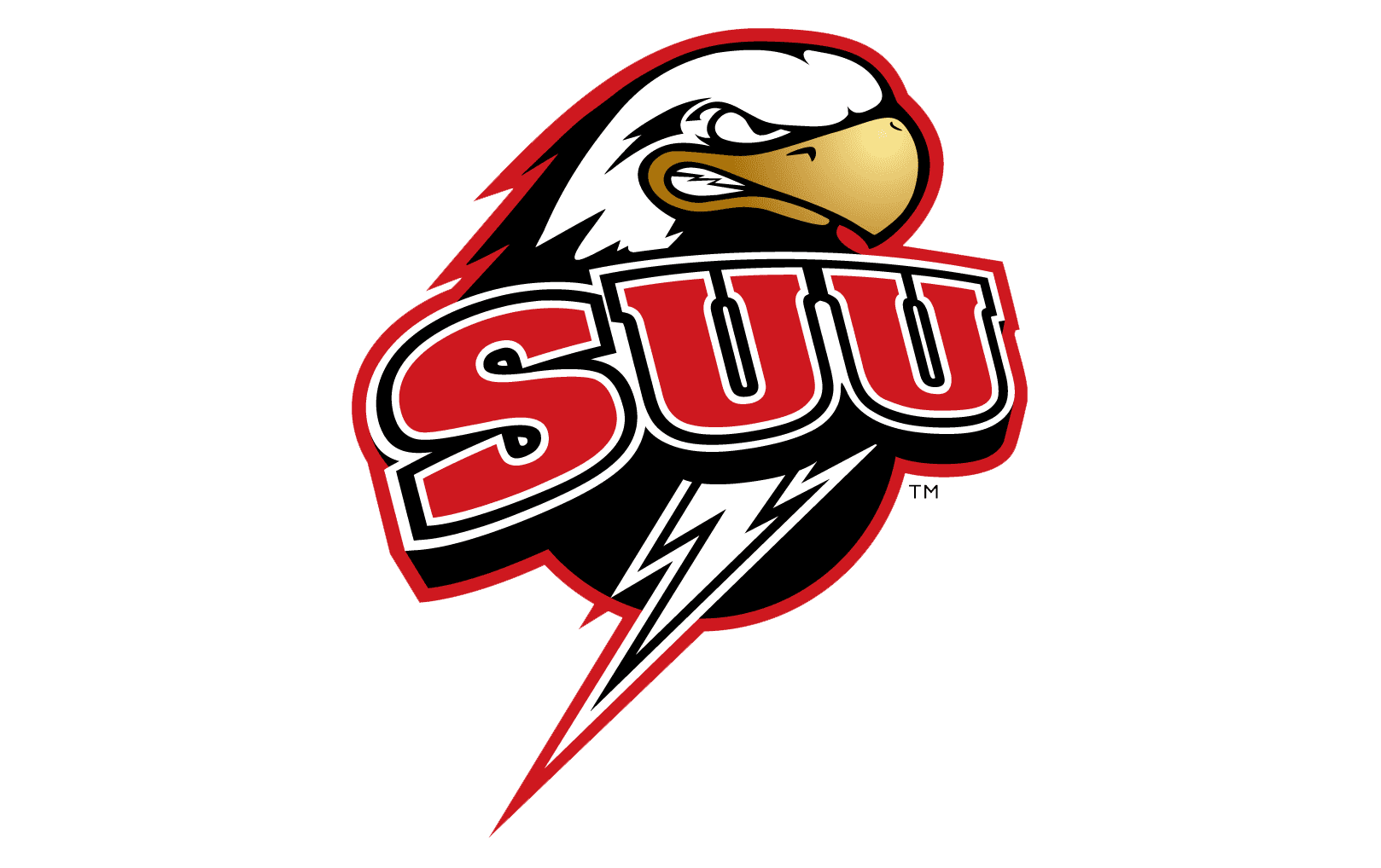 A sports logo featuring a stylized eagle head above the red letters SUU and a lightning bolt on a black background.
