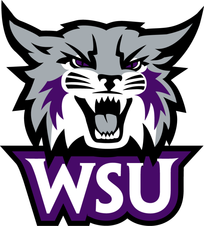 A graphic of a gray wildcat mascot with purple accents, snarling with teeth showing, positioned above the white letters WSU.
