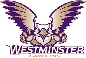 A sports team logo featuring an owl with wide wings and the text 'WESTMINSTER GRYPHONS'.