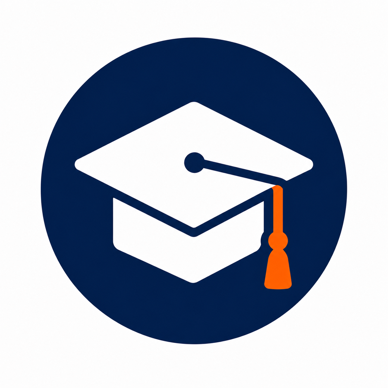 A white graduation cap with an orange tassel is centered within a dark blue circle.