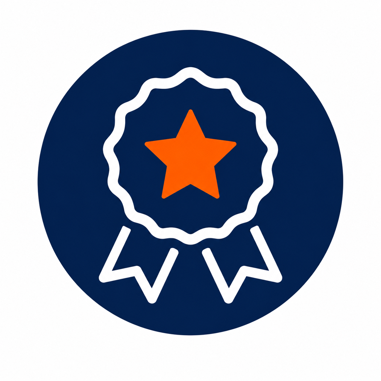 A blue circle icon featuring a white ribbon award with an orange star in the center.