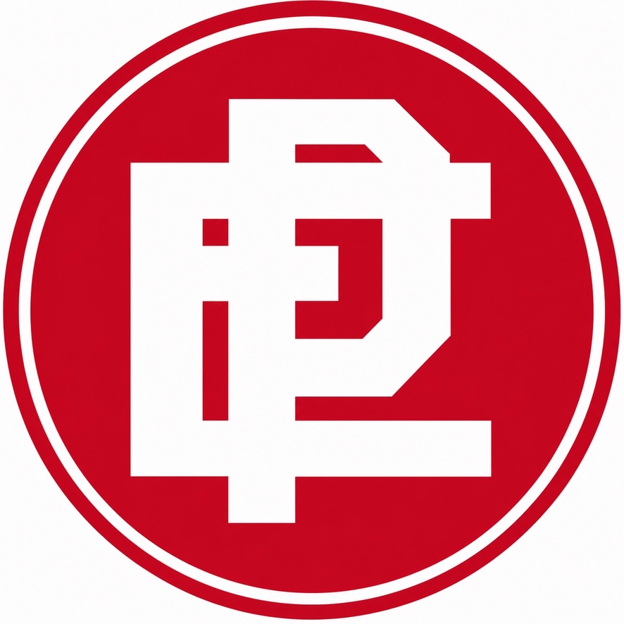 A circular red logo featuring intertwined white block letters.