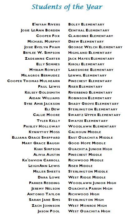 List of Student of the Year Honorees