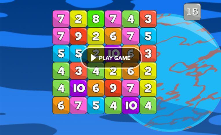 blue background with multicolored blocks with numbers on them, words: play game