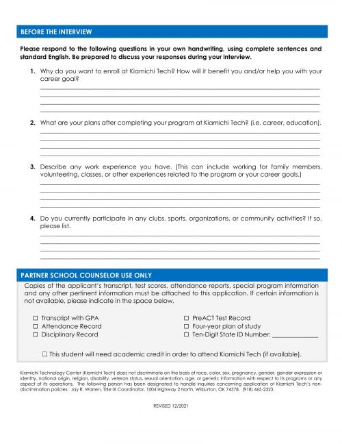 Kiamichi Technology Centers High School and Adult Applications