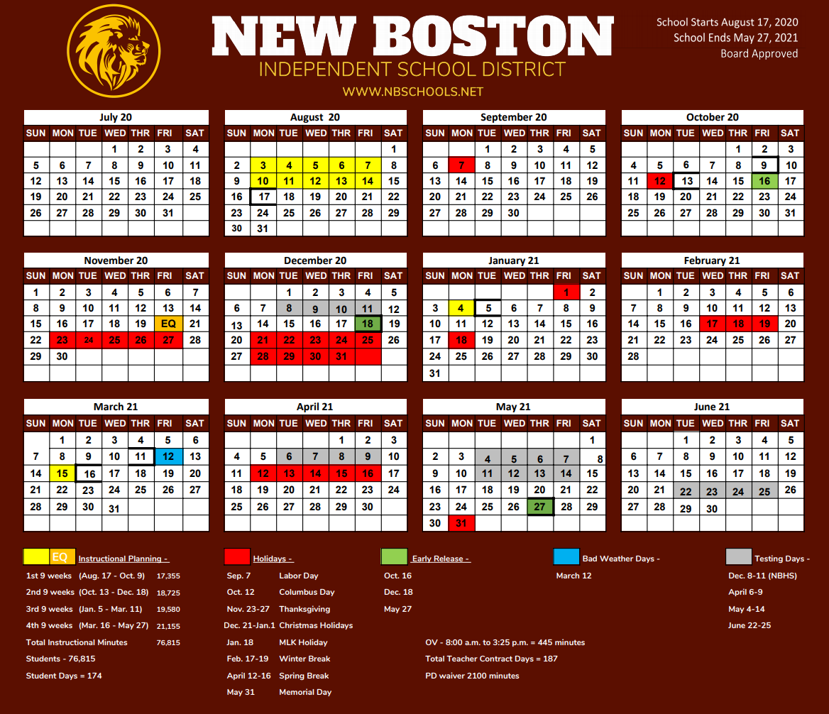 New Boston ISD 2020 2021 District Calendar