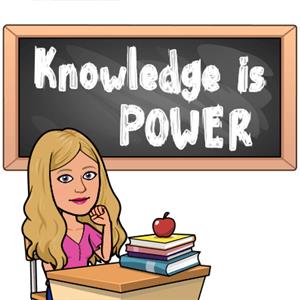 Cartoon of a lady sitting at a student desk with books, and a chalkboard that says "Knowledge is power"