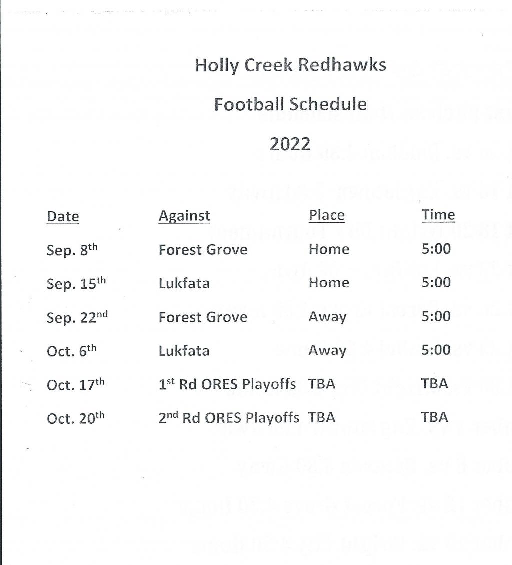 Holly Creek School Football (Last updated 11 Aug 2022)