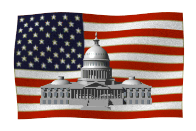 An animated waving USA flag behind a rendering of the US capitol building