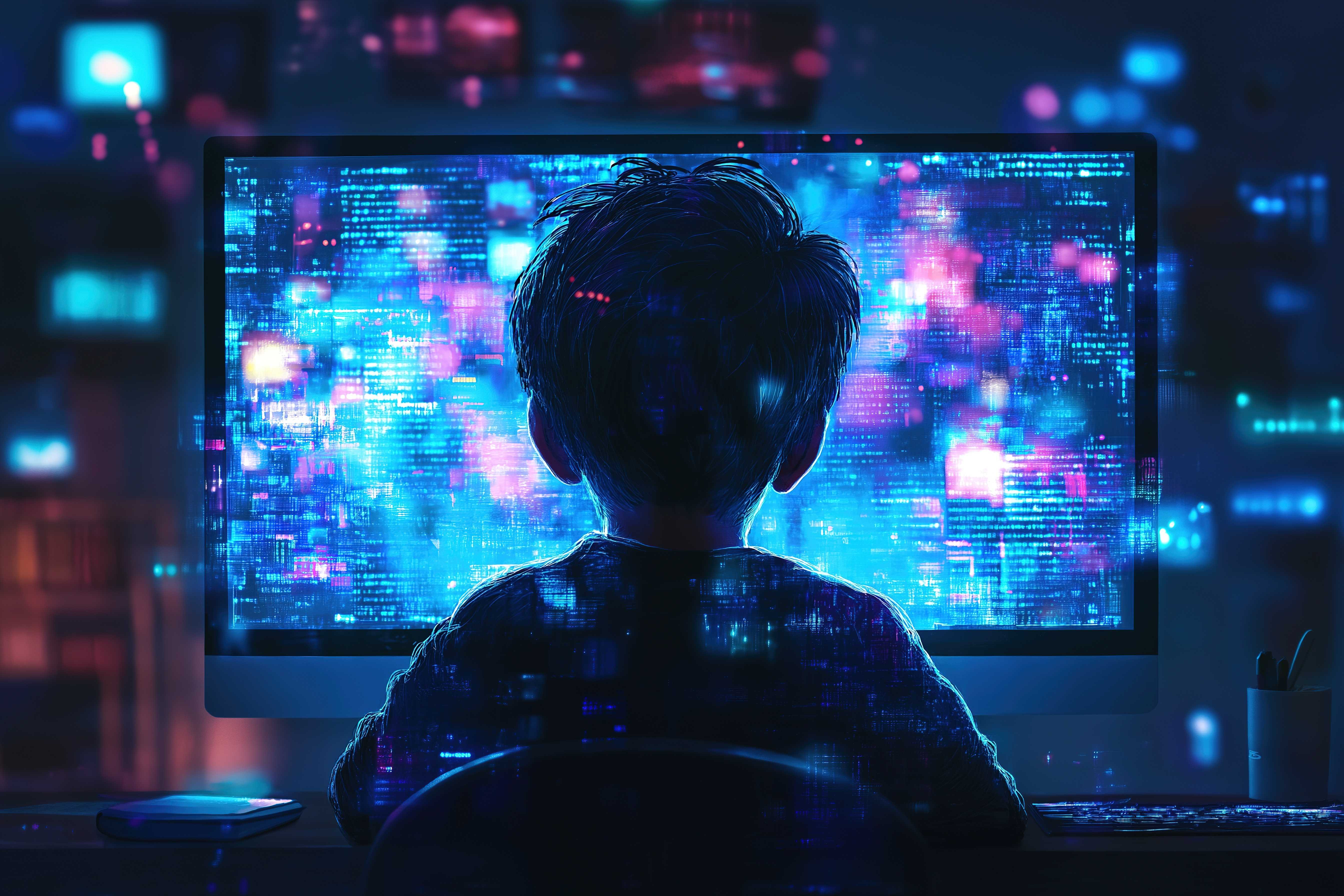 A person sits in front of a computer screen displaying a vibrant, abstract digital design.