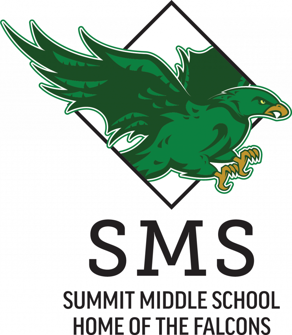 The Summit Middle School logo features a green falcon in flight above the text 'SMS SUMMIT MIDDLE SCHOOL HOME OF THE FALCONS'.