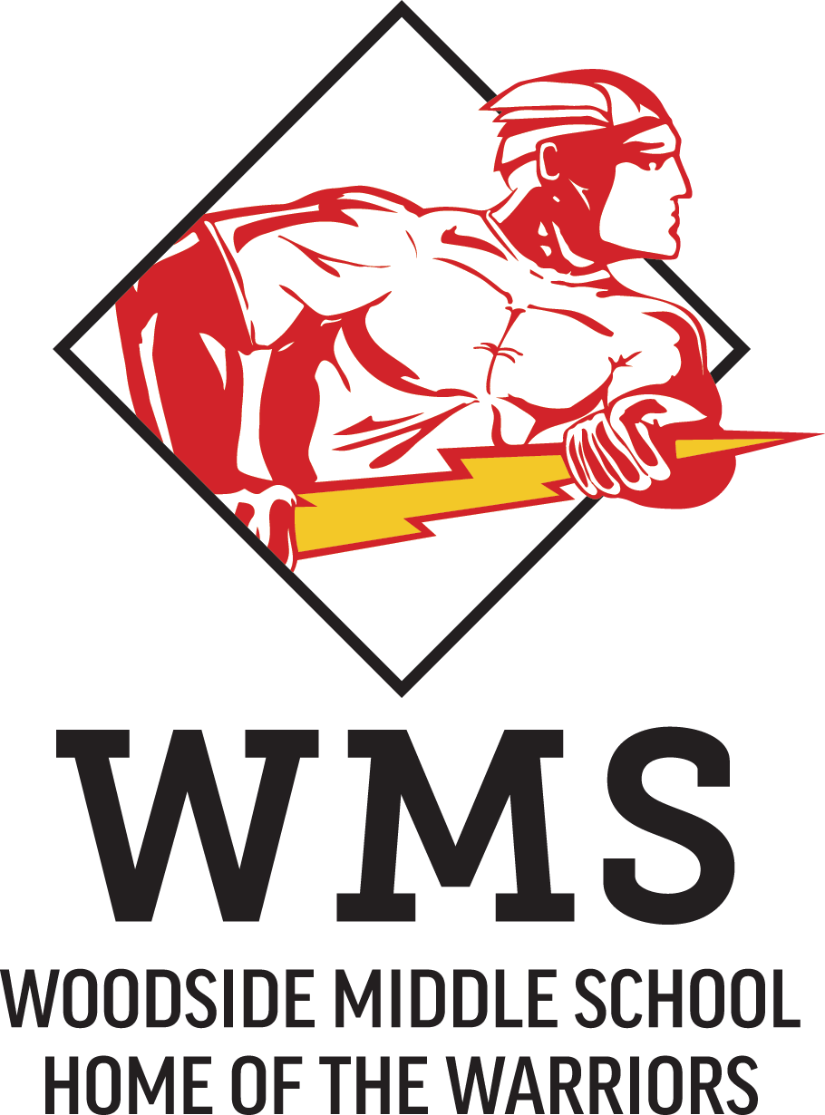 Logo for Woodside Middle School, featuring a warrior mascot and the text 'WMS WOODSIDE MIDDLE SCHOOL HOME OF THE WARRIORS'.