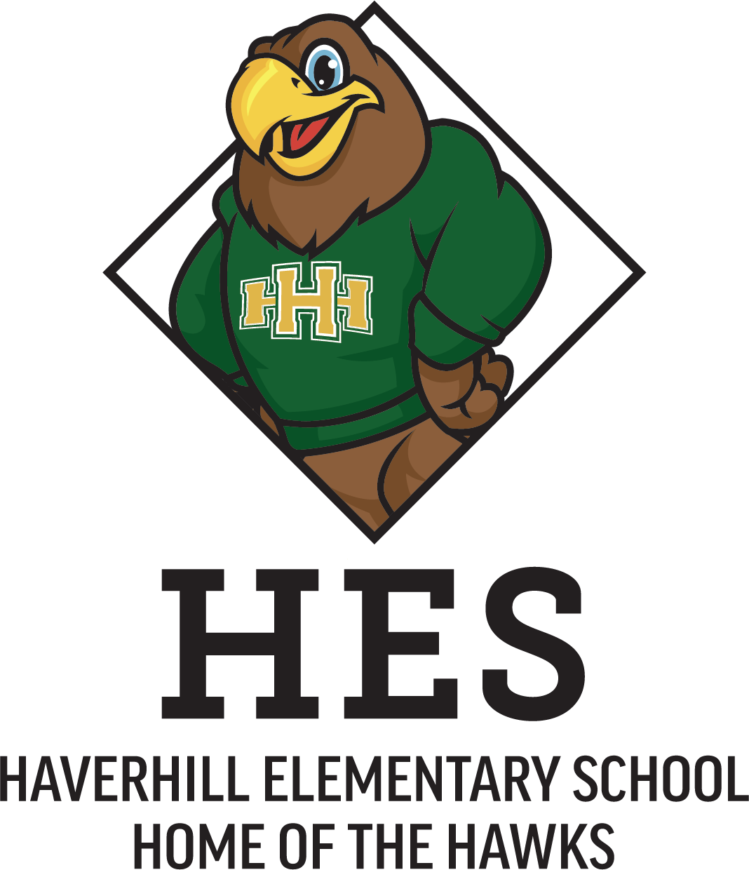 A cartoon hawk mascot wearing a green "H" sweater stands behind a diamond shape.