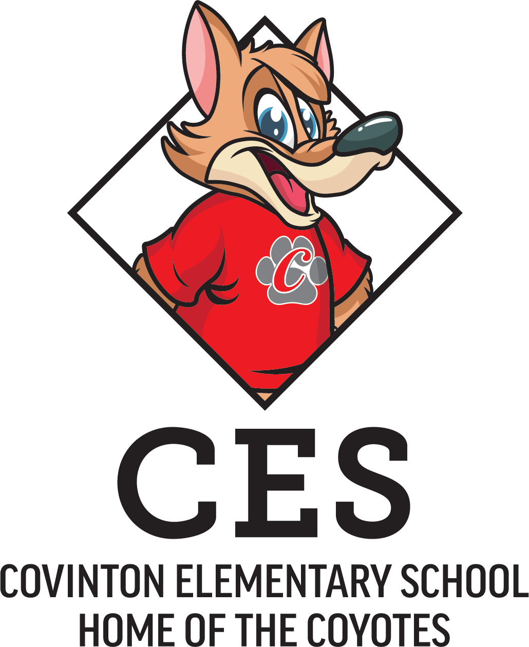 Covington Elementary School logo featuring a cartoon coyote mascot in a red shirt with a 'C' emblem.