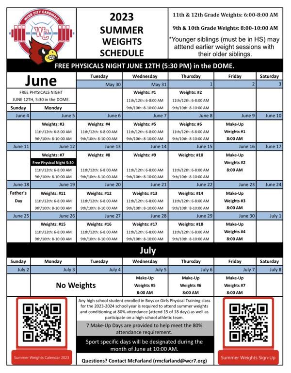 2023 Summer Weights Schedule