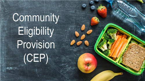 A healthy lunchbox with fruits and vegetables sits next to text about community eligibility.