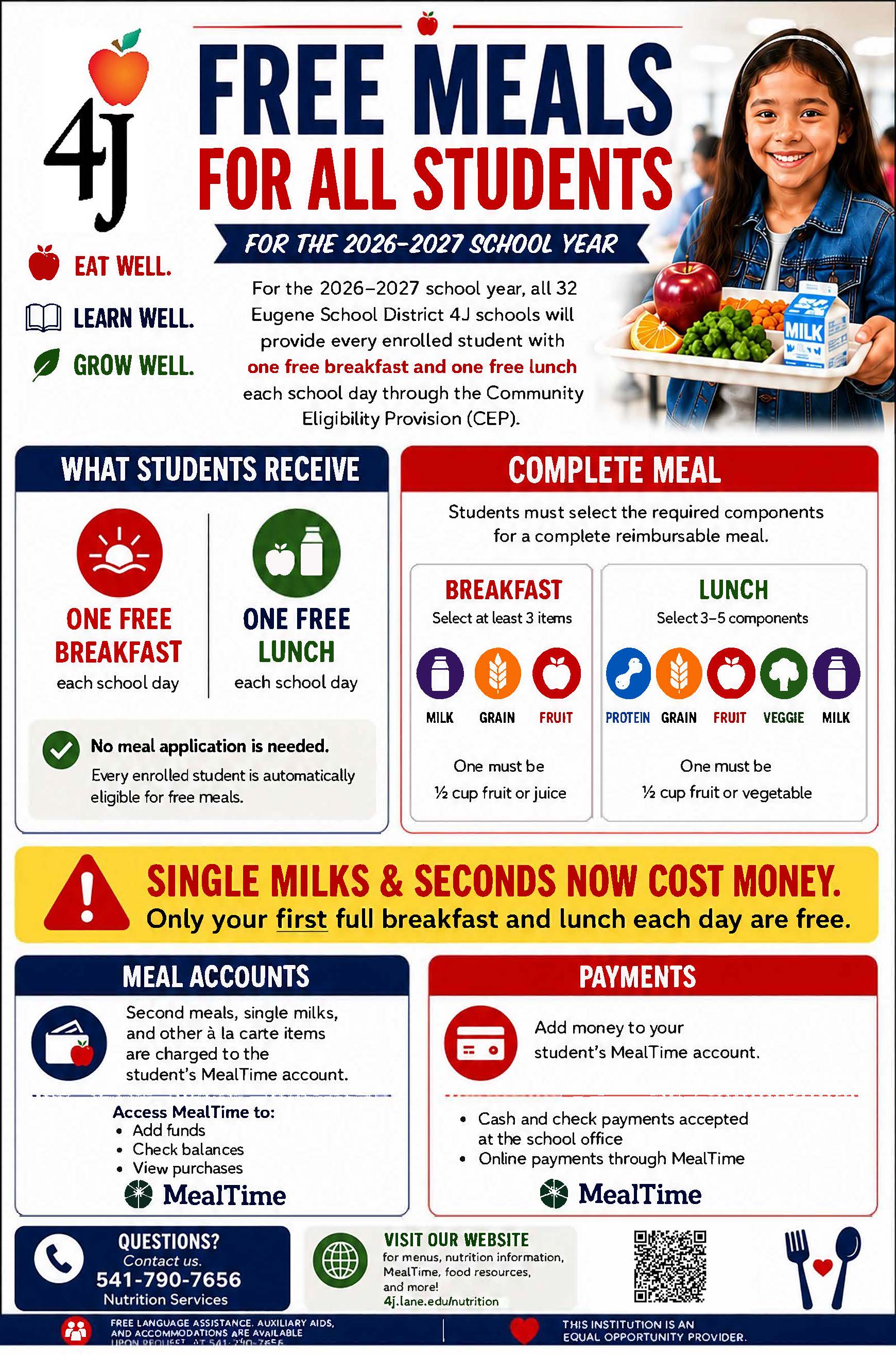 An informational flyer announces free meals for all students for the school year, featuring a smiling child holding a lunch tray.