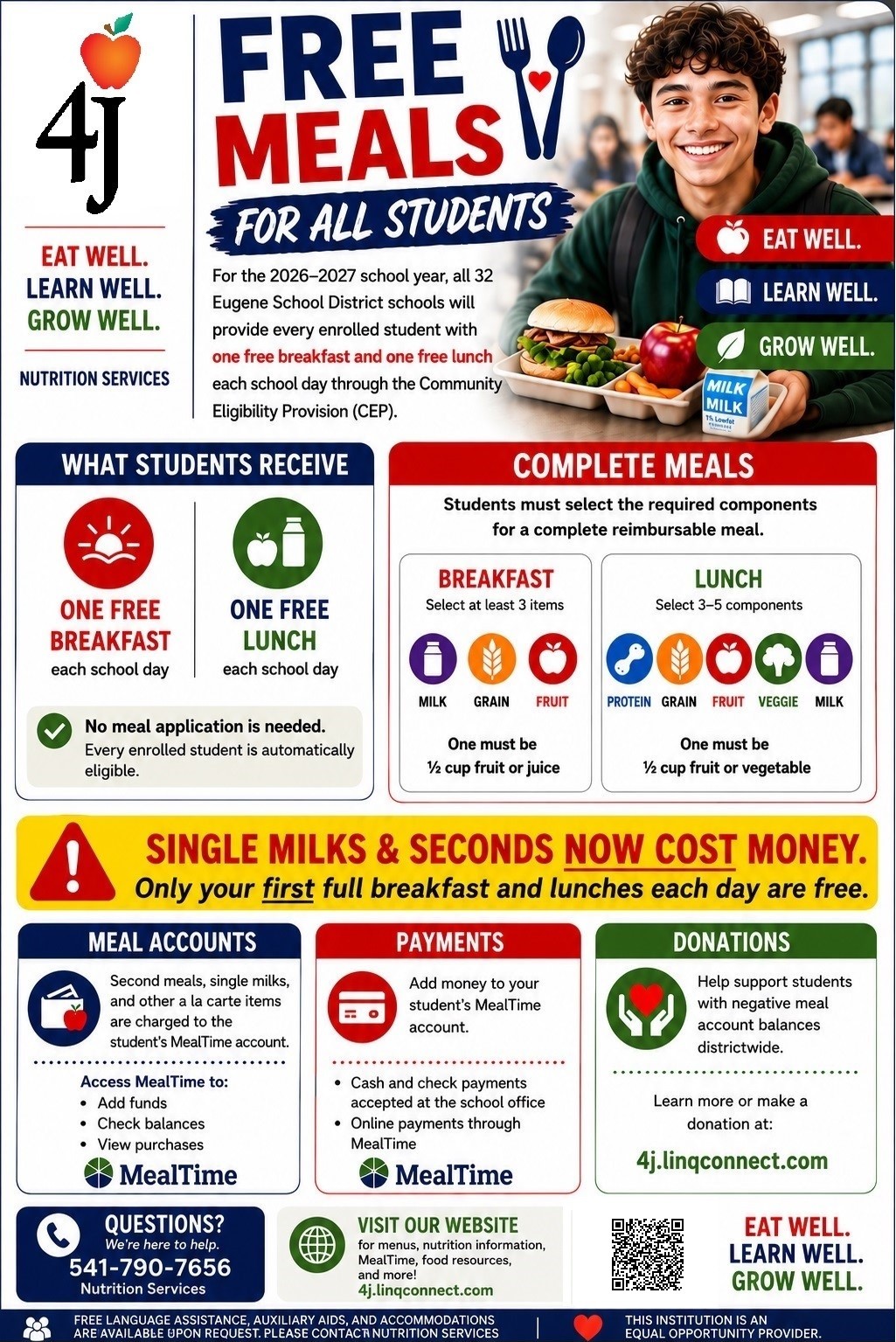 An informational flyer promoting free meals for all students at 4J Eugene School District schools.