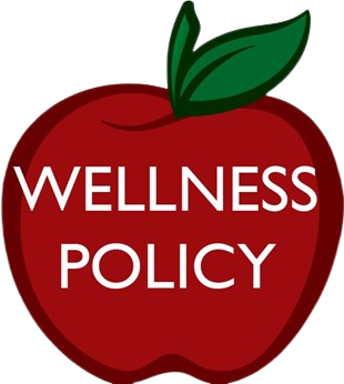A graphic of a red apple with two green leaves, featuring the white text "WELLNESS POLICY" on the front.