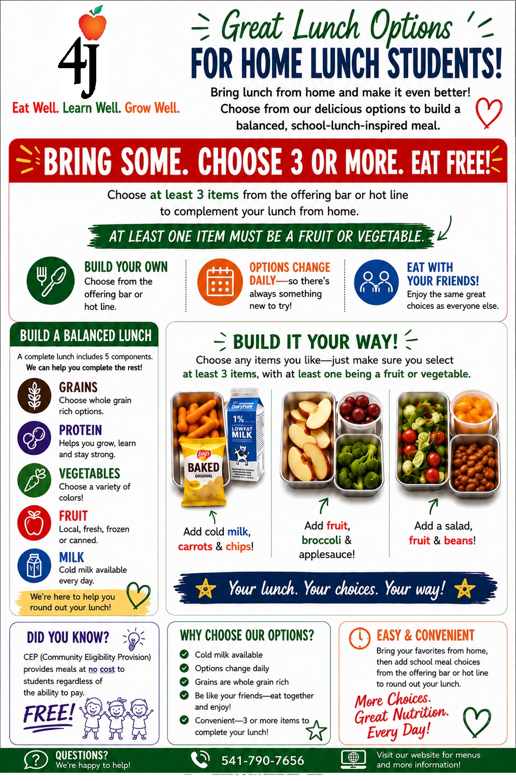 An informational flyer titled 'Great Lunch Options for Home Lunch Students' by 4J, outlining healthy choices.