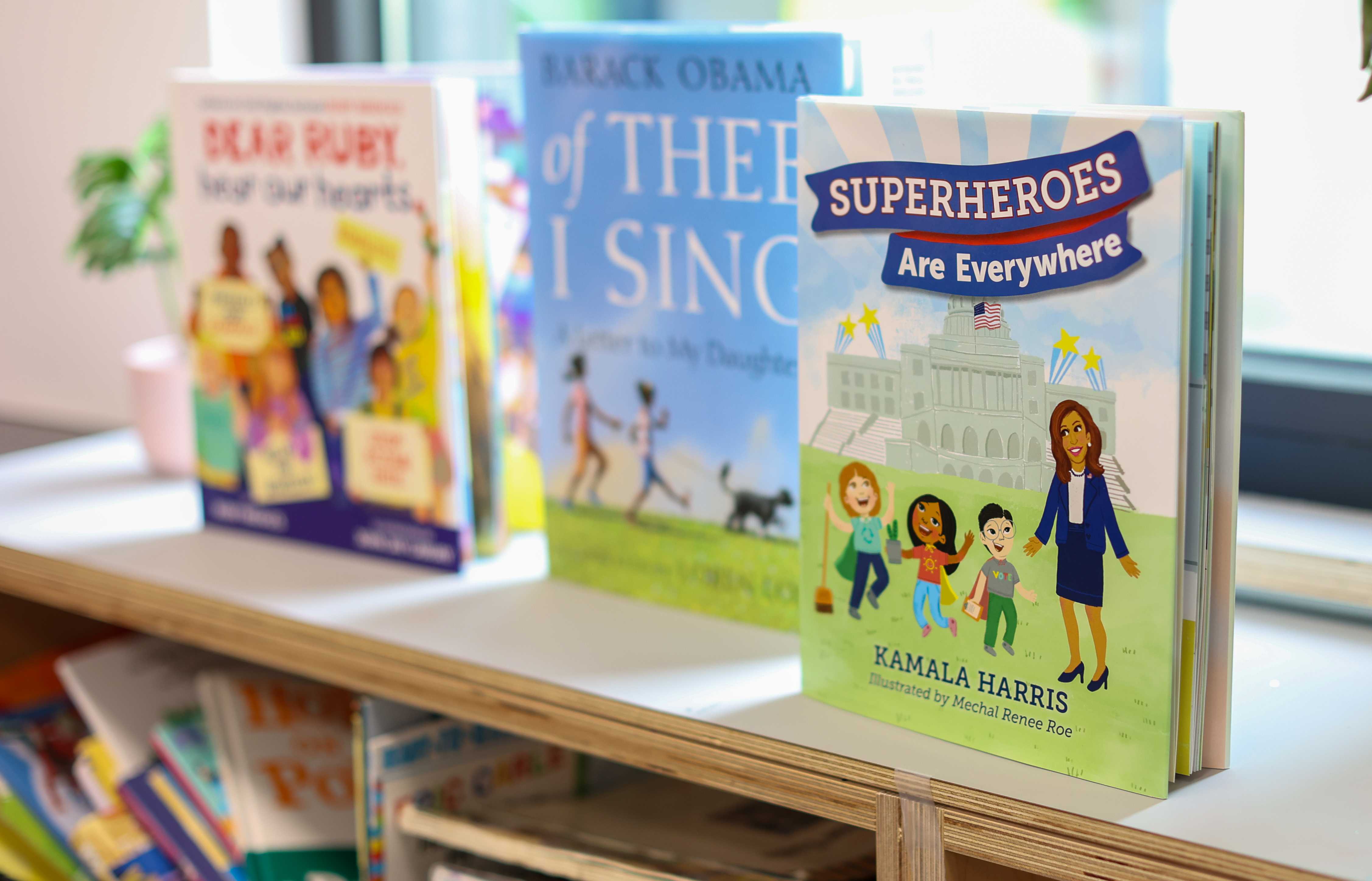 Three colorful book covers are displayed on a wooden shelf.