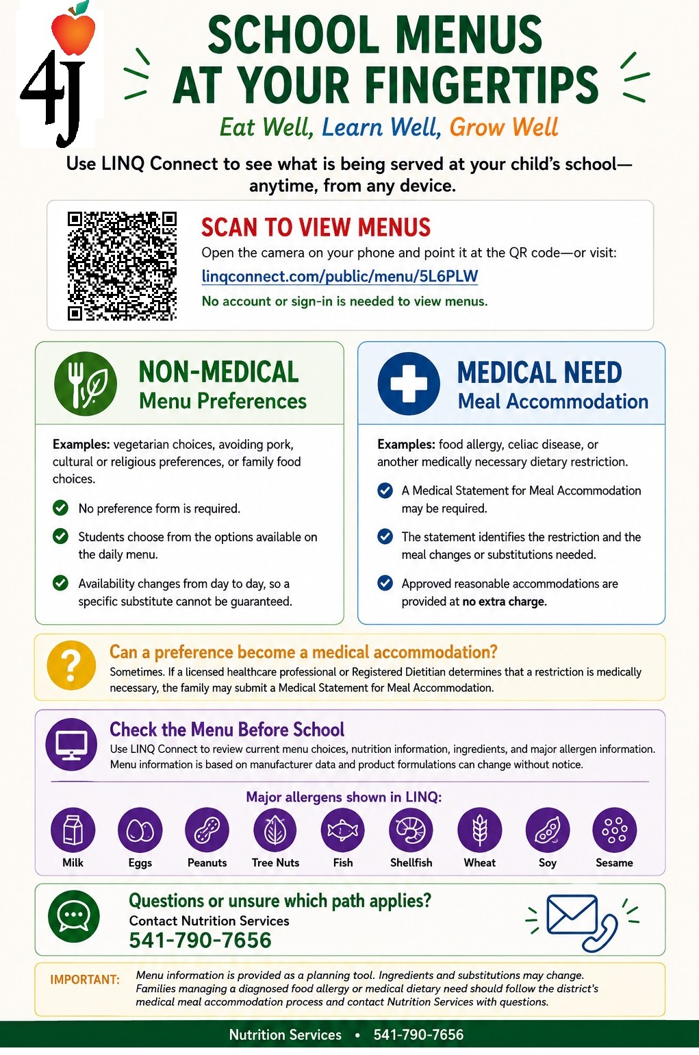 An informational flyer titled 'SCHOOL MENUS AT YOUR FINGERTIPS' detailing how to access school lunch information.