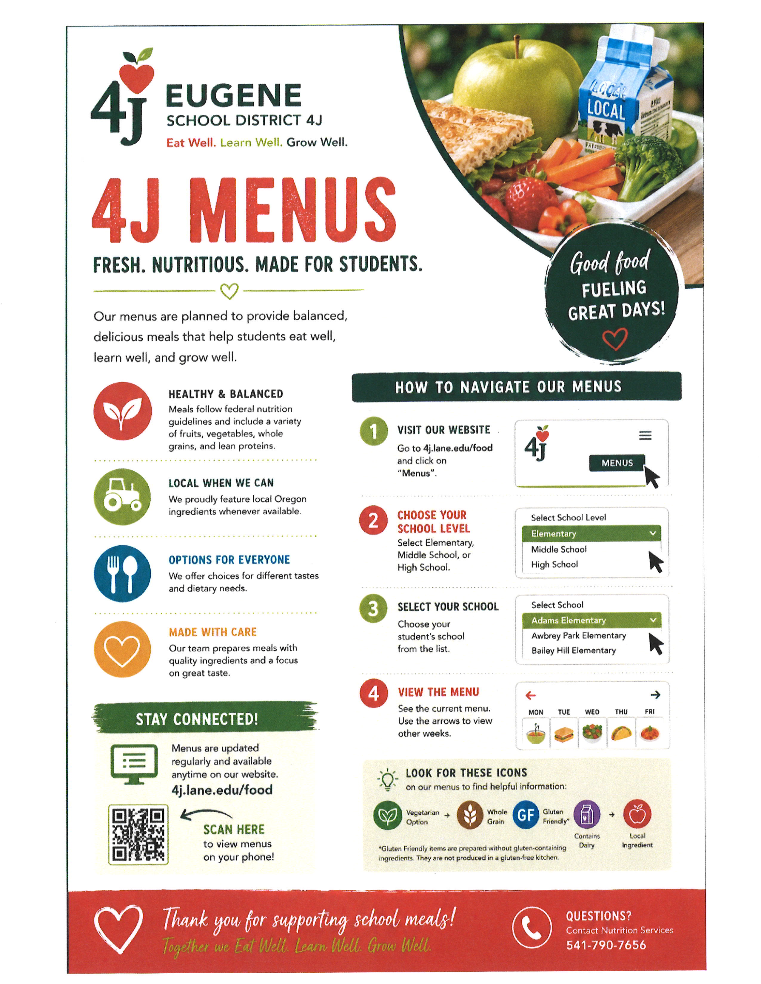 A flyer for 4J Eugene School District menus, highlighting fresh, nutritious meals for students.