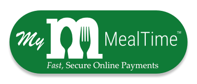 Logo for 'My MealTime' featuring a stylized 'm' with a spoon and fork, and text 'Fast, Secure Online Payments'.