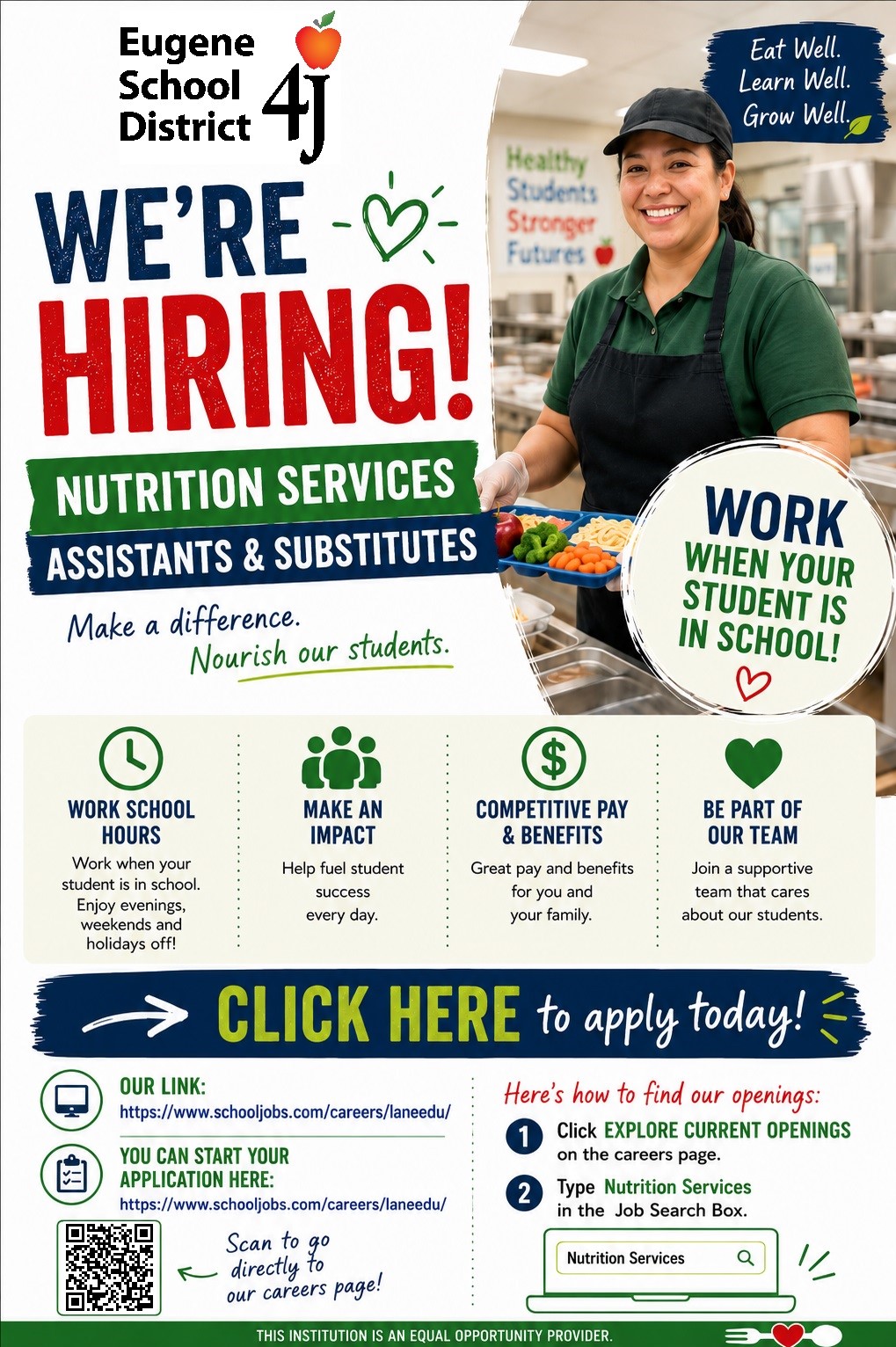 A hiring flyer for Eugene School District 4J Nutrition Services, featuring a smiling food service worker holding a lunch tray.