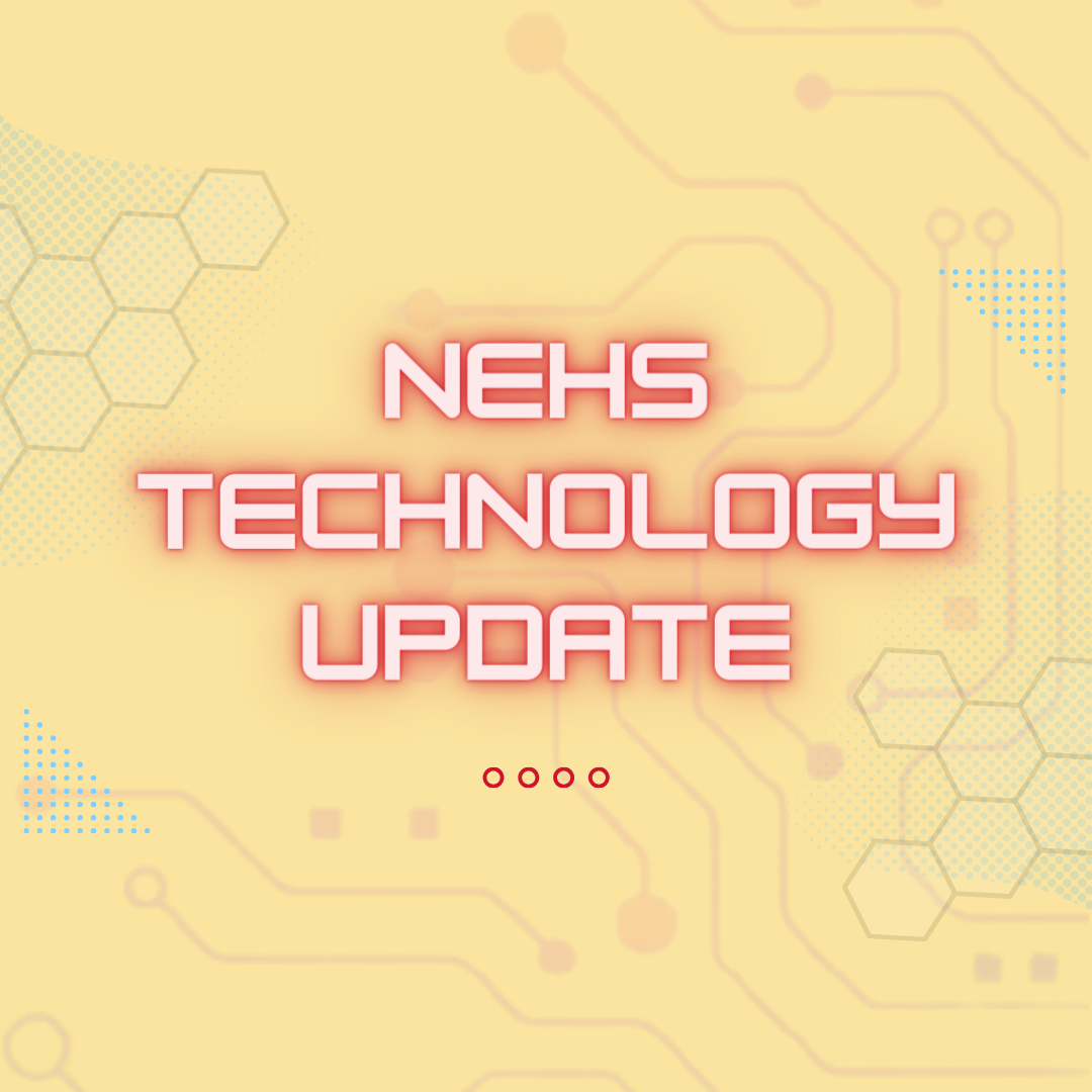 NEHS Technology Update in red lettering with a yellow motherboard background