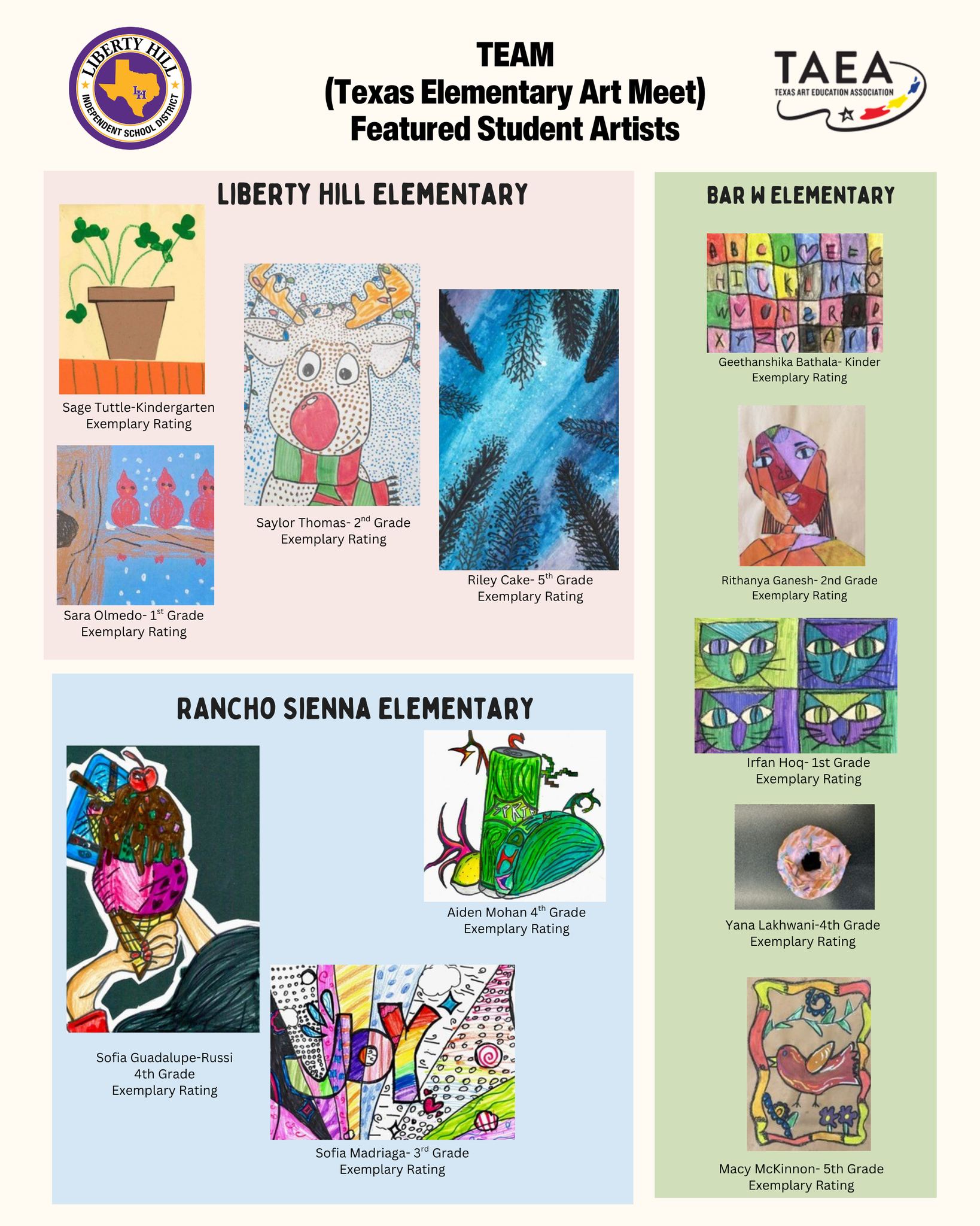 A poster showcases artwork from Texas Elementary Art Meet, featuring student artists.
