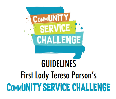 CommUNITY Service Challenge, guidelines, First Lady Teresa Parson's CommUNITY service challenge, with Missouri drawn in rough paint strokes