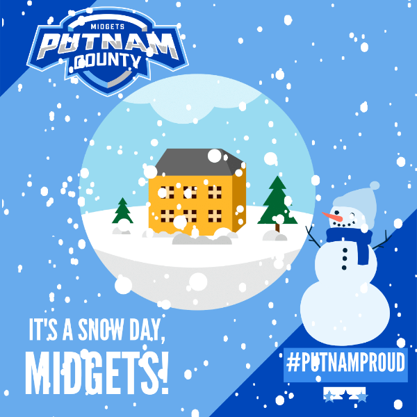 Putnam County Schools' logo, with a cartoon building and snowman, with text It's a Snow Day, Midgets! #putnamproud