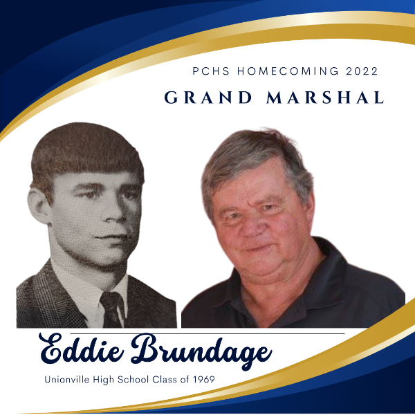 Photos of Eddie Brundage in high school and in 2023, with the text Homecoming 2022 Grand Marshal, Eddie Brundage, UHS Class of 1969