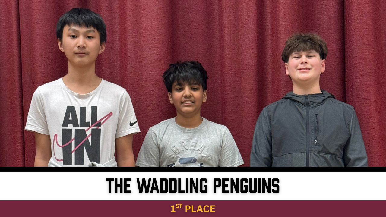 Three young people stand in front of a red curtain, smiling.