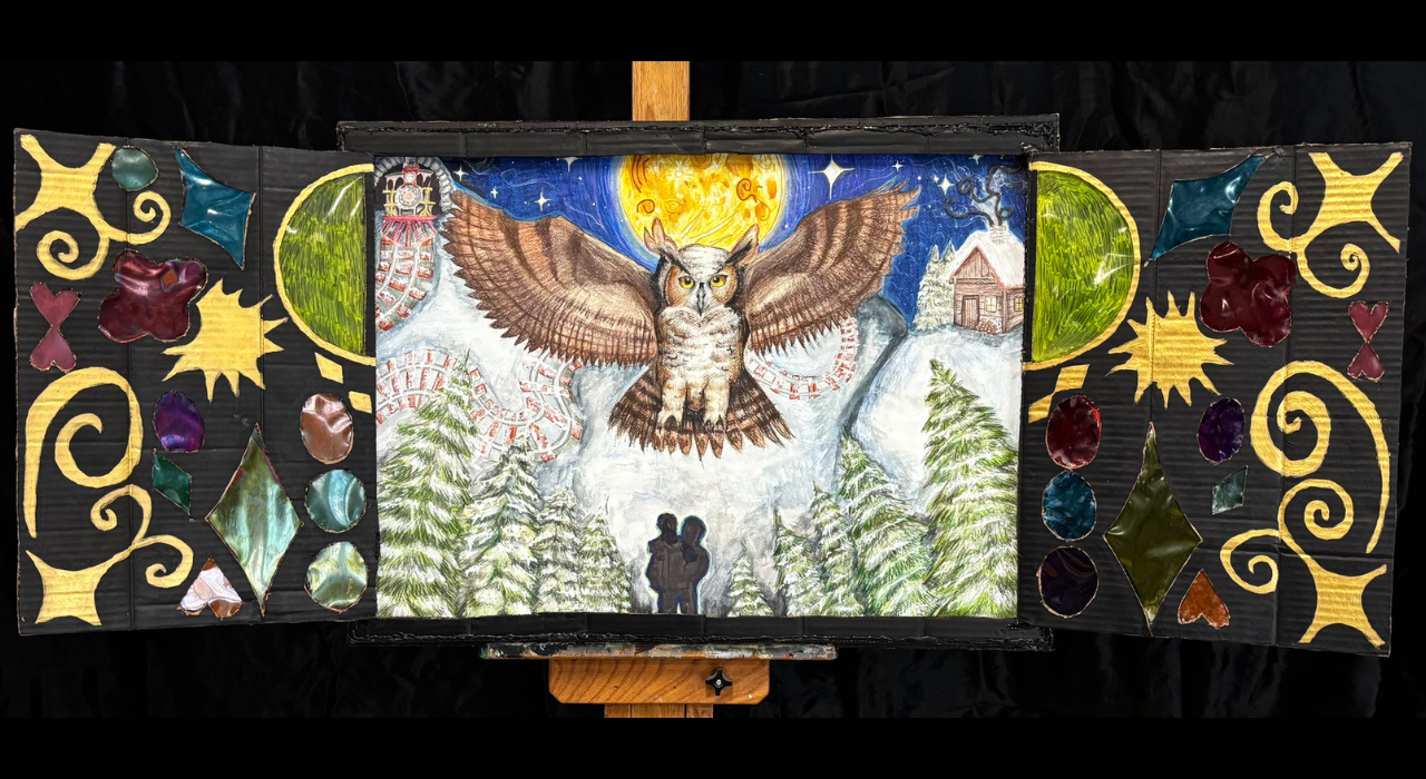 A painting of an owl with outstretched wings against a snowy landscape.