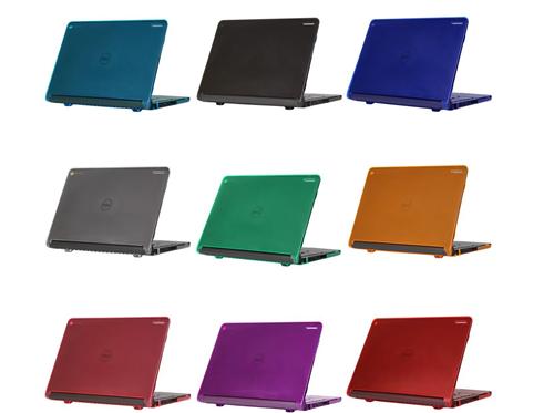 Photo of nine Chromebooks in different color cases