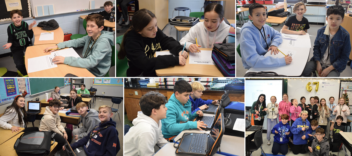 Students work on assignments at desks in a classroom setting.