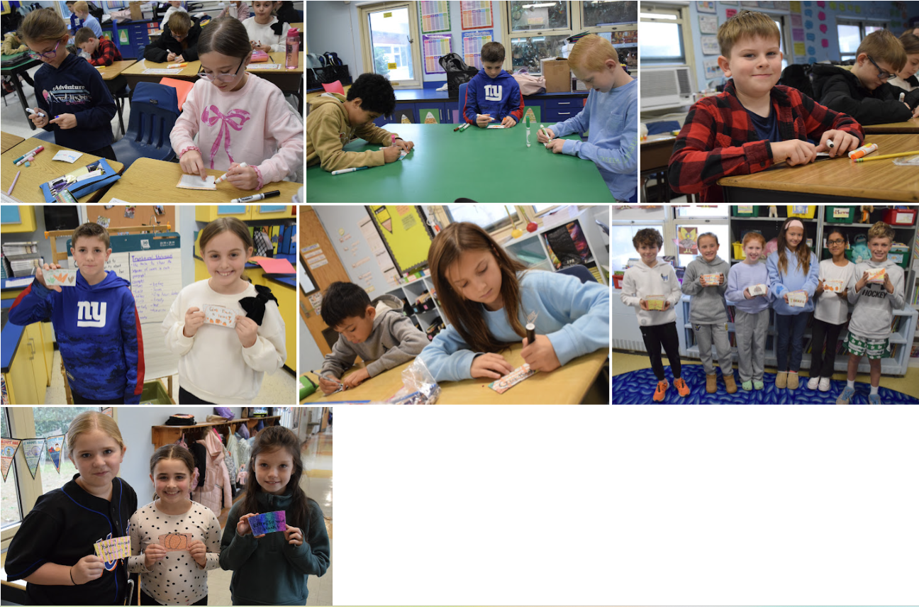 Children in a classroom work on various projects, some holding up their creations.