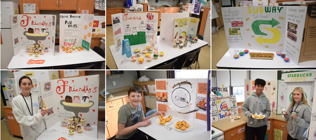 Students present projects at a science fair, showcasing their work.