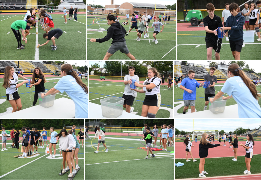 A collage of photos shows students participating in outdoor field day activities on a turf sports field.