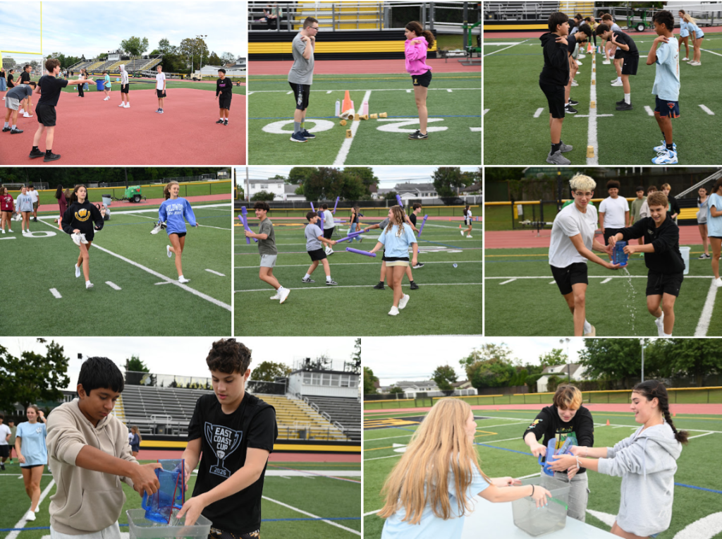 A collage of nine photos showing students participating in various outdoor sports and activities on a school athletic field.