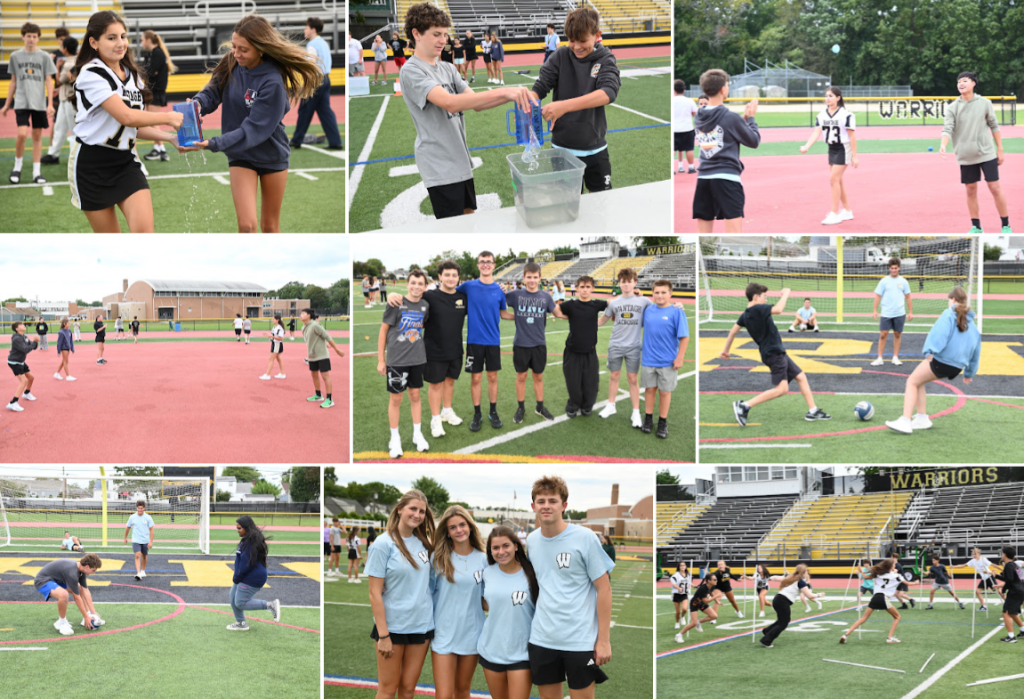 A collage of students participating in various outdoor activities and games on a sports field.