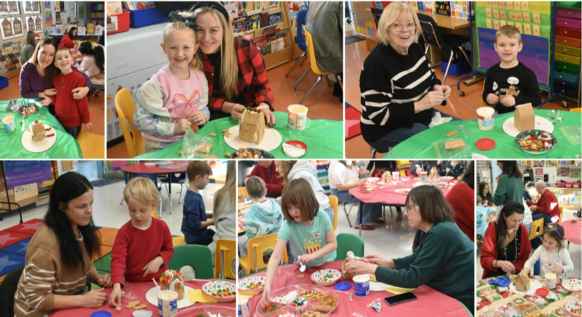 Children and adults work together at tables, crafting with various materials.