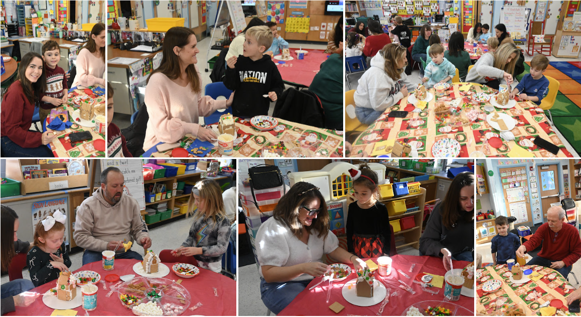 Children and adults decorate gingerbread houses at a table.