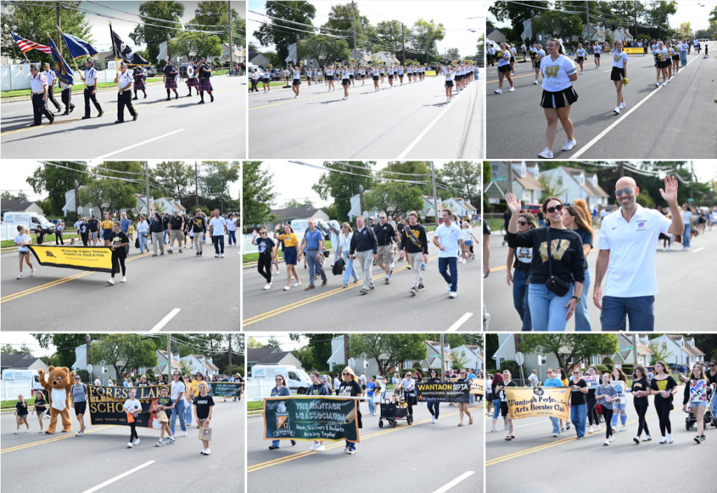 A collage of nine photos showing a community parade with people walking down a street, carrying banners, flags, and waving to onlookers.