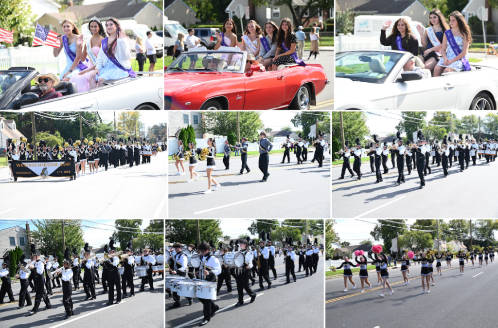 A collage shows scenes from a parade, featuring convertibles with waving participants and a marching band.