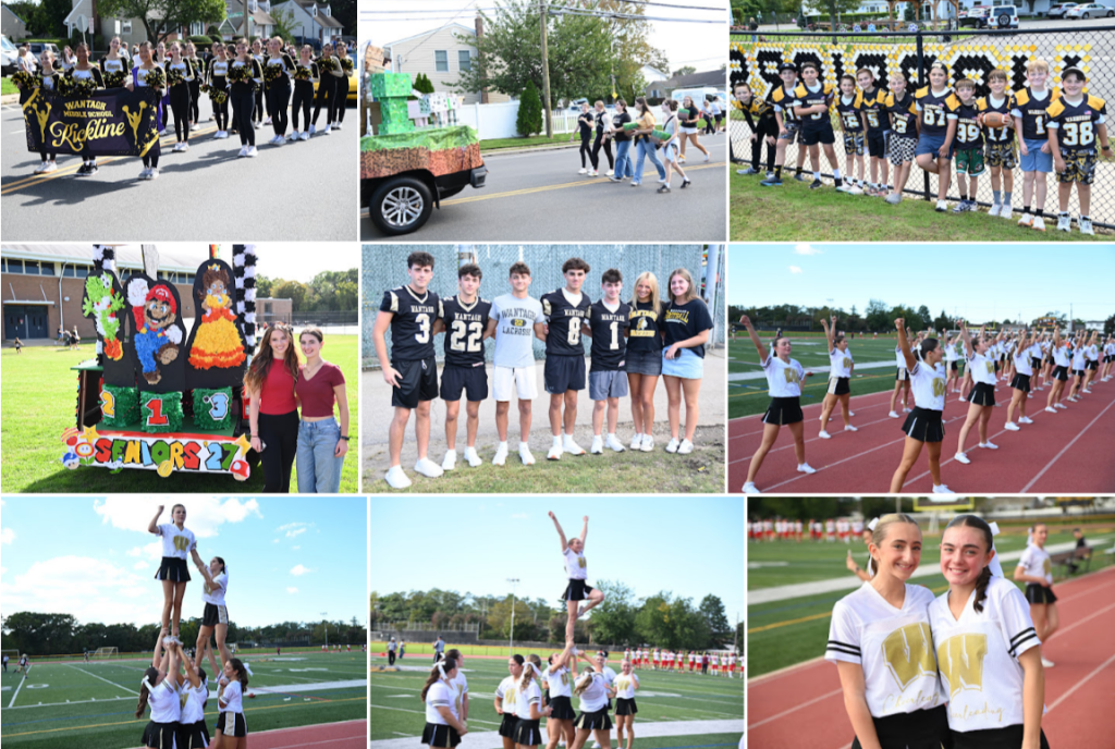 A collage of nine photos showing school spirit activities, including a marching band, football players, a parade float, and cheerleaders.